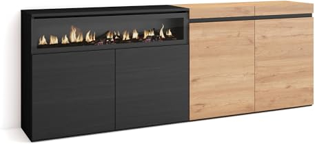 Skraut Home | Sideboard, Highboard | Kommode, Komodenschrank | 200x75x35cm | 4 Türen | Elektrokamin. Maße | Moderner Stil | Eiche Schwarz