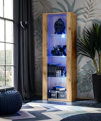 Komodee Vitrine Schrank Tivoli, Wotan/Wotan, Breite 55cm x Höhe 159cm x Tiefe 35cm, LED Blau, 3 Regalböden, für Wohnzimmer, Schlafzimmer, Eingang
