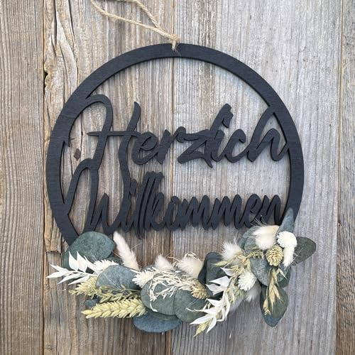 Willkommensschild - Trockenblumenkranz - Türkranz Trockenblumen mit Herzlich Willkommen'' Schriftzug - Herzlich Willkommen Türhänger (30cm Holz Schwarz, Naturtöne)