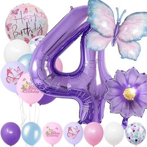 4 Jahre Set - Zahl Folienballon,22 Stück Blau Lila Geburtstagsdeko,Schmetterling Blumen Ballon,Kindergeburtstag Party Deko Zahl 4 Luftballon für Mädchen Jungen Geburtstags Festival Party Dekoration