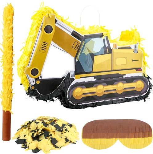 Sonarun Pignatta con camion con cassone ribaltabile e escavatore con benda, coriandoli a pipistrello per bambini, camion da costruzione, forniture per feste di compleanno (camion da costruzione stile