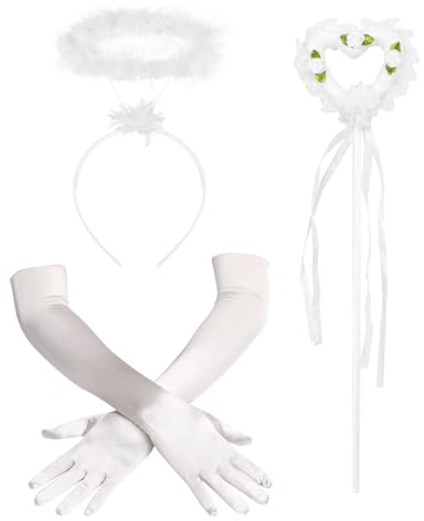Sprinlot Weiß Handschuhe Damen, Satin Handschuhe Lang, Weiß Engel Handschuhe Haarreif Zauberstab, 1920er Jahre Kostüm Zubehör Damen, Accessoire Handschuhe Karneval Fasching Party Cosplay
