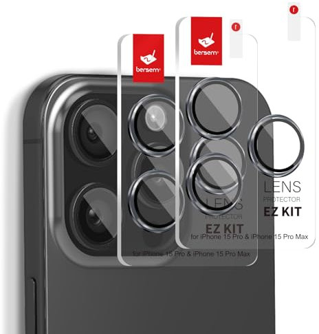 BERSEM 2 Pezzi Protezione Fotocamera per iPhone 15 Pro 6,1 Pollici/iPhone 15 Pro Max 6,7 Pollici, Installazione Facile, 9H Vetro Temperato, Antigraffio, Ultra HD, Obiettivo Della-Nero