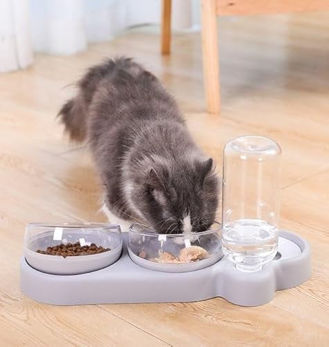 LTXDJ 3-in-1 Pet Bowl, Cat Food And Water Bowl Set Raised Cat Feeding Bowls With Stand 15° Inclined Platform And Transparent Bowls for Food and Water Feeder Black - Non-Slip and Splash-Proof (Grey)