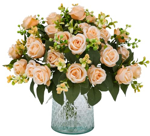 JUSTOYOU Bouquet di rose artificiali, 4 pezzi, bouquet di rose in seta champagne con 28 rose finte, realistiche, per matrimoni, casa, giardino, feste, ufficio, decorazione (champagne)