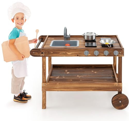 Maxmass Wooden Mud Kitchen, Kids Toy Kitchen with 2 Rolling Wheels, Push Handle, Realistic Stoves & Knobs, Rotatable Faucet, Removable Sink, Outdoor Toddlers Pretend Cooking Cart for 3+ Years Old