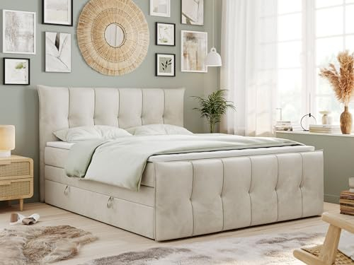 MKS MEBLE King Boxspringbett 160x200, Boxspringbett 160x200 mit Bettkasten und Matratze H4, Polsterbett 160x200 mit Matratze, Bett 160x200 mit Bettkasten - PREMIUM-11-KING- Beige Velvet - H4