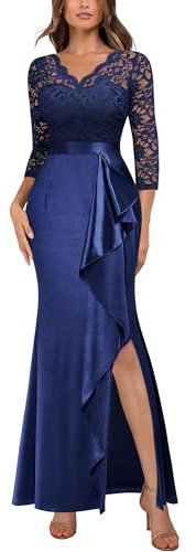 MISSMAY Women's Vintage Floral Lace Ruffle 3/4 Sleeves Evening Party Formal Long Dress (Medium, Satin - Navy Blue)