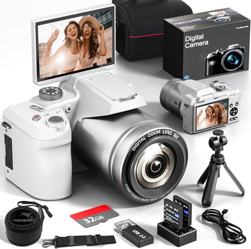 NBD 64MP Digital Camera,4K Vlogging Camera for YouTube with 3’’ Flip Screen,16X Digital Zoom,WIFI& Autofocus,Cameras Mic&Tripod,2 Batteries, 32GB TF Card,Dslr Camera (White)