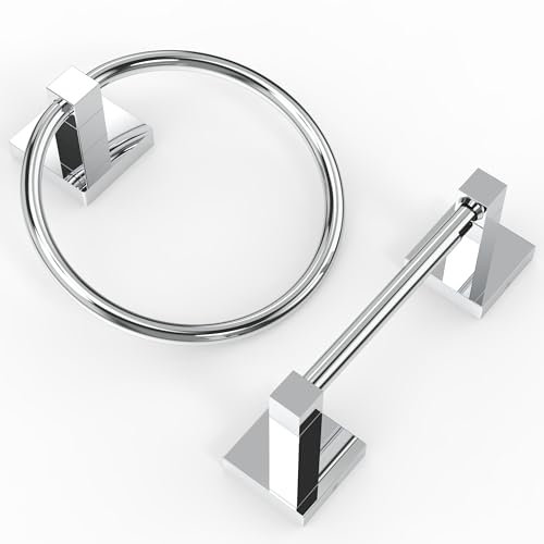 Ruacq Chrome Toilet Paper Holder Towel Ring Bathroom Accessories Hardware Set Double Post Pivoting Toilet Roll Holder Square Stainless Steel and Zinc Alloy Modern Wall Mounted 2 Pieces
