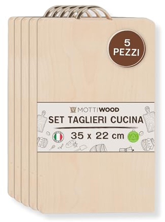 Set 5 Taglieri In Legno con Manico in Metallo, 35x22cm, 100% Legno Faggio, Tagliere per Verdure, Frutta, Salame, Non rovina Coltelli, Made in Italy, 5 Pezzi