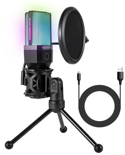 Woxter Mic Studio 65 RGB - Micrófono Cardioide, Trípode Incluido, Iluminación RGB, Compatible con Youtube, Skype, Twitch