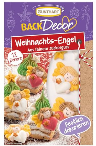 Günthart 12 essbare Dekore als Weihnachtsengel in zwei Varianten und Sterne aus feinem Zuckerguß, 1er Pack (21 gr)