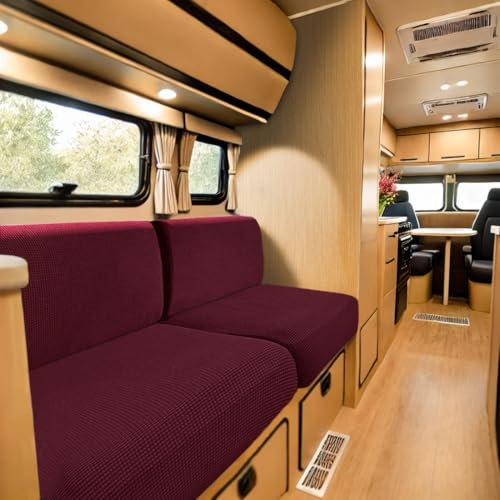 SYLC Bezüge Für Wohnwagenpolster Jacquard, rutschfeste Wohnmobil Sitzbezüge Mit 2 Cord, Sofa Sitzkissenbezug Für Schonbezug Wohnwagen Polster (Wine red,W 45-65 cm, D 45-65 cm)