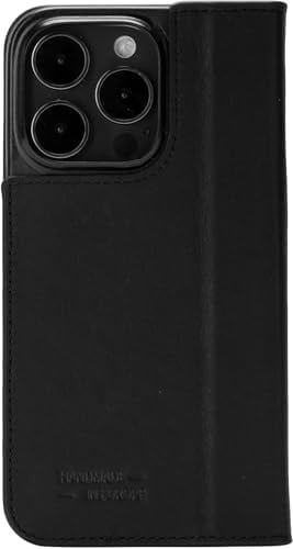 JT Berlin Echtleder Hülle für iPhone 16 Pro - Bookcase Tasche Schwarz | Premium Rindsleder Flip-Case mit Standfunktion, 2 Kartenfächern & Magnetverschluss. Schutzhülle mit Velour-Innenfutter.