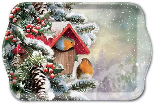 Ambiente Petit plateau de service décoratif en mélamine - 13 x 21 cm - Rouge-gorges - Oiseaux dans paysage d'hiver - Série House with Robins