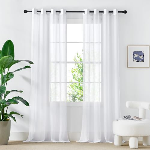 PONY DANCE Extra Long White Net Curtains Eyelet Top, Lightweight Semi Transparent Voile Curtains for Bedroom/Living Room, Privacy Protect Window Treatment Sheer Panel, Set of 2, 54 x 96 inches