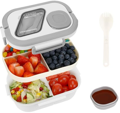 Kasanni Lunch Box with Compartments, Lunchbox, Behälter für Mittagessen und Salat, Bento-Box mit Löffel, Vesperdose, Pausenbrot, für Erwachsene & Kinder, BPA-Frei (Weiß)