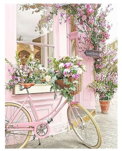 DCIDBEI Peinture Diamant Roses Temps Romantique 40x50cm Diamond Painting Bicyclette Fleurie Peinture par Numéros Roses Diamant Painting Fleurs Vélo Broderie Amour Doux Tableau Perle Diamant Fleur
