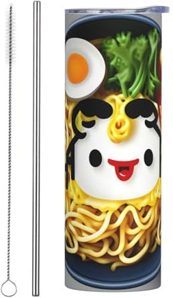Straw Zweiteiliges Set, 590 ml, Edelstahlbecher mit Deckel, Eierbecher, Nudeln, Ramen-Druck, isolierte Wasserflasche für Sport, Zuhause und Büro