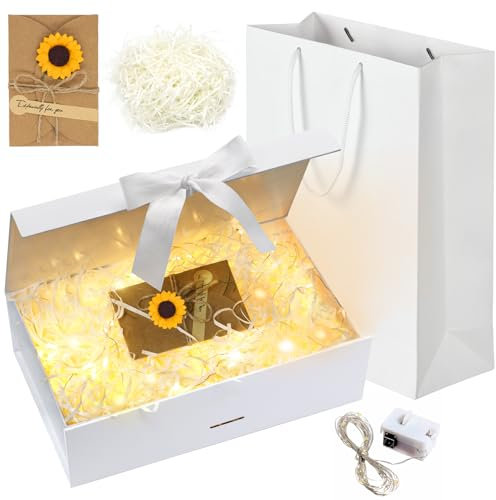 Forhandy Geschenkbox Mit Schleife, Geschenkbox mit Deckel L,Geschenk Box+Tasche+Farbband+Licht,Magnetische Geschenkkarton,Geschenkschachtel Geschenkverpackung Box,für Hochzeit Geburtstag (Weiß, L)