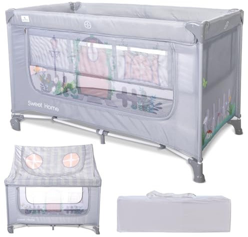 Lorelli Baby Reisebett mit Dach und Rollen, 2 in 1 Babybett und Laufstall Sweet Home, Kinderbett ab Geburt bis 15 kg, Seiteneingang, Faltbar inkl. Transporttasche, Grau