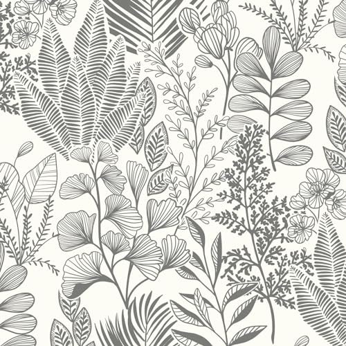 Fiula Papier peint autocollant 41 cm x 10 m - Papier peint autocollant en vinyle pour chambre à coucher - Imperméable - Amovible - Motif feuilles grises