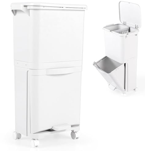 40L Multifunctional Recycling Bin with 3 Compartments Wheels Handles and Classification Stickers Vertical Waste Separation System for Kitchen and Home