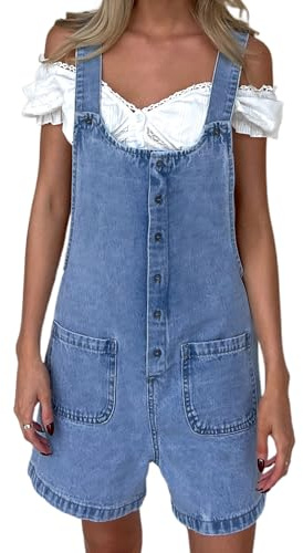 Cusghjbsg Salopette da donna in denim con bretelle regolabili pagliaccetto pantaloncini casual risvolto arrotolato gamba larga tuta pantaloncini con tasca