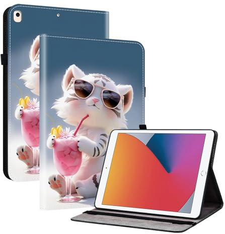 TEDTIKJT Tablette Coque pour iPad 8th/7th Generation 10.2 2020/2019 Etui Housse PU Cuir Flip Support Protection Tablette Motif Peint Etui pour iPad 10.2 8th/7th Gen Coque,Dessin Animé Petit Tigre
