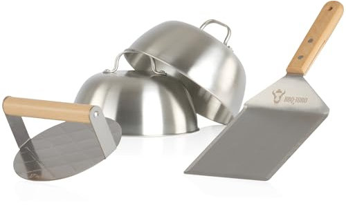 BBQ-Toro Edelstahl Smash Burger Set | 4-teilig | Set mit Burgerglocken, Smasher, Pfannenwender | Burger Smasher Set, Burger Grill Set | Edelstahl Burgermaker Set, Burgersmasher, Smashburger Set