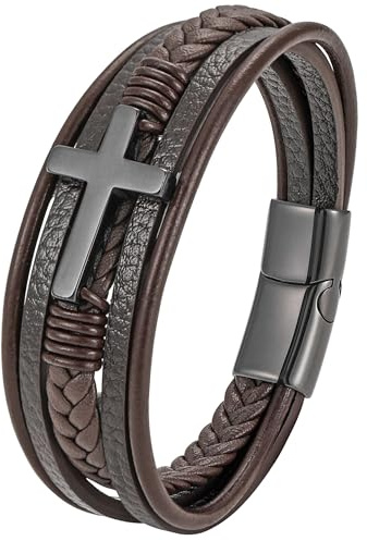 JUZICHEN Kreuz Lederarmband Herren, Kreuz Herrenarmband Armbänder 21CM, Braun Schwarz Armband Für Männer, Armband Leder Herren Schmuck
