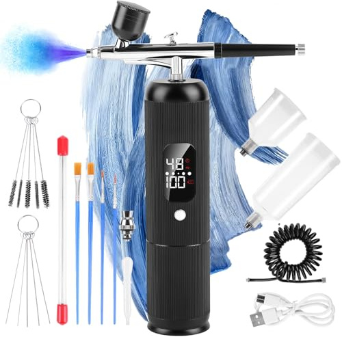 Airbrush Kit with Compressor Rechargeable Portable Air Brush Paint Kit 48PSI High Pressure with Power Display 6000 mAh Extra Long Standby Ideal for Nail Art, Makeup, Painting, Cake Decor