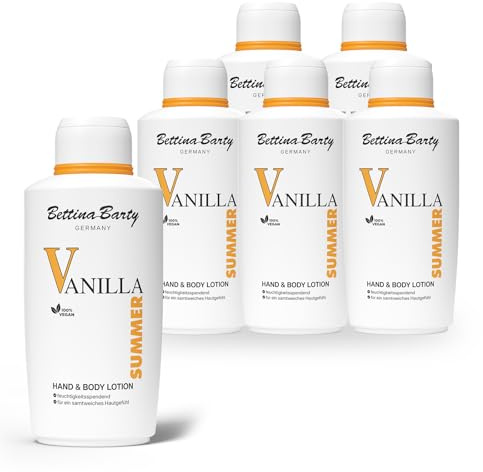 Bettina Barty Summer Vanilla Hand & Body Lotion 6 x 500 ml – Feuchtigkeitspflege mit sommerlichem Vanilleduft für Haut & Hände – mit schnell einziehender Formel