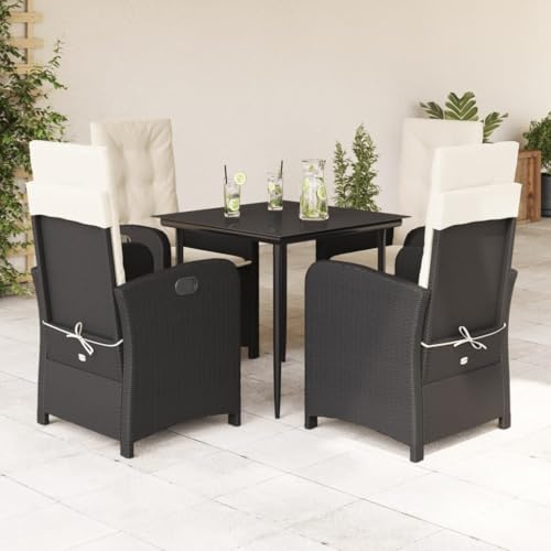 QJBSAVVA 5-TLG Schwarz-Weiß Poly-Rattan Garten-Essgruppe, Verstellbarer Sessel, 80x80 cm Glastisch, Balkon-/Terrassen-Set