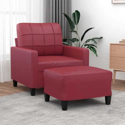 QZZCED Sessel mit Hocker aus Kunstleder, Rot, 60 cm, robuste Struktur aus Sperrholz und Metall, dicke Polsterung für maximalen Komfort, einfache Reinigung und Design