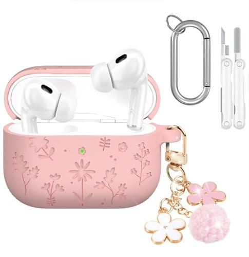 Silikon Hülle Kompatibel mit AirPods Pro 3, Niedliche Blumen Graviert Schutzhülle in Rosa mit Karabiner und Reinigungsset, Weiches Stoßfestes Case Cover für Earbuds für Alltag, Reisen & Tasche