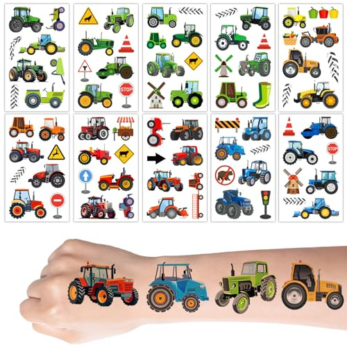 10 Blätter Tattoos für Kinder, Hautfreundlich Traktor Tattoo Kinder, Traktor Spielzeug für Mitgebsel Kindergeburtstag, Geschenk Junge 4/5 / 6 Jahre, Spielzeug 4/5 / 6 Jahre Junge