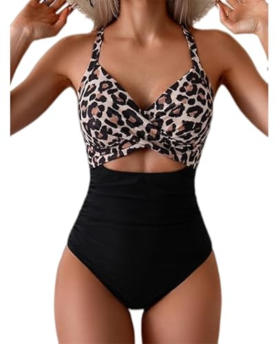 XDSP Baddräkt One Piece Kvinnor Sexig V-Ringad Sling Badkläder Justerbar Bikini Push Up Vadderad Bh Kurvig Hög Midja Kostymer Ett Stycke Kontroll Mage Strand Strandkläder Badkläder, Leopard tatuering