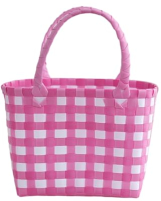 Yokula Geflochtener Einkaufskorb mit Henkel,Kunststoff Einkaufstasche,Tragetasche Handbags,Tasche Aufbewahrungskorb für Alltag Einkaufen Haushalt Küche Picknick,Shopping-Bag,Rosa,M