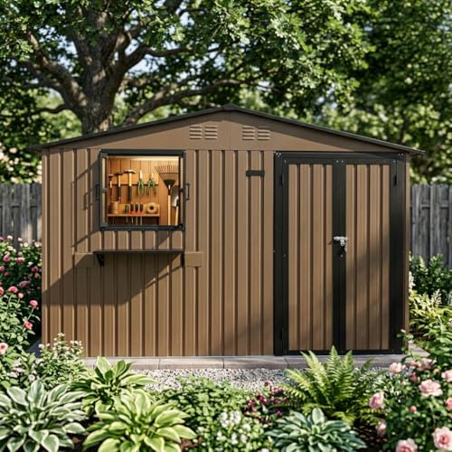 FammyLoft Gartenhaus Metall, 313,1x255,4cm, Garten Geräteschuppen Metall mit 2 Fenstern und Blumenregal, Gerätehaus mit Doppeltüren, Gartenschrank Wasserdicht für Garten/Terrasse, Braun