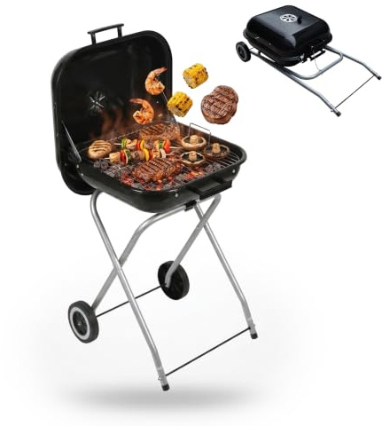Relaxdays barbecue portatile a carbone pieghevole con coperchio, nero | Rotelle, per campeggio, balcone, giardino