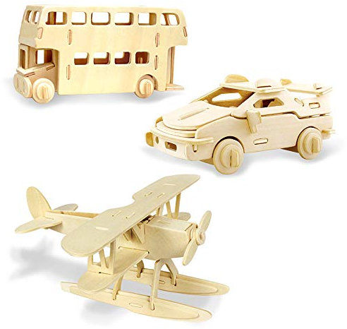 Georgie Porgy Hölzerne 3D Puzzle Sammlung Puzzle Modell Kit Baukasten Holzhandwerk Kinder Puzzle Spielzeug Alter 5+ Packung 3 (Wasserflugzeug Autos London Bus)