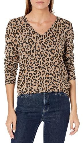 Amazon Essentials Women's Regular-Fit Lightweight Long-Sleeve V-Neck Jumper (Available in Plus Size), Camel Leopard, S