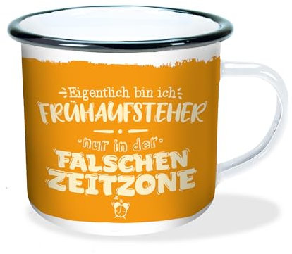 Emaille-Becher Falsche Zeitzone 300ml: in Geschenkverpackung! Bruchsicher, auch für Camping und Picknick (Geschirr): iKaffeetasse Teetasse Geschenkidee Geschenk Tasse Emaillebecher