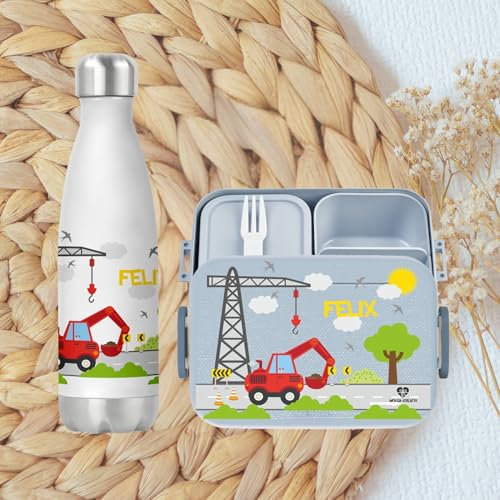 wolga-kreativ Pausenset personalisierte Brotdose blau und Trinkflasche Thermo Kinder Edelstahl mit Bagger Motiv Bento Lunchbox mit Fächern und Unterteilung für Schule und Kindergarten