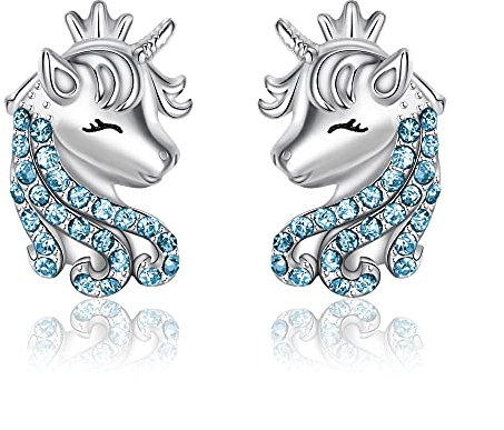 EVER FAITH Einhorn Ohrstecker für Mädchen 925 Sterling Silber Mehrfarbig Cubic Zirconia Glück Unicorn Ohrringe Geschenk für Tochter Enkelin Blau