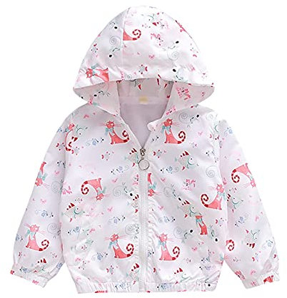 FNKDOR Veste légère Fille Garçon Bébé imprimé Manteaux Imperméables à Capuche Coupe-Vent à Fermeture à Glissière Complète Protection Solaire Manteaux de Plein Capuche Blouson (F White, 18-24 Mois)