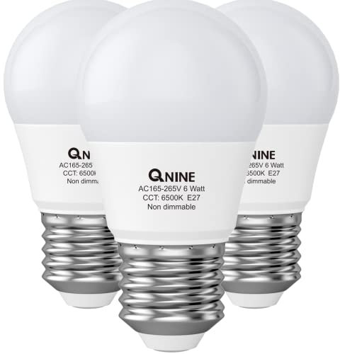 QNINE 𝐄𝟐𝟕 Screw Bulb, Cool White, 𝟔𝟓𝟎𝟎𝐊, 540lm, 𝟔𝐖 (𝟔𝟎𝐖 Equivalent), LED Golf Balls, Non-Dimmable, 3-Pack