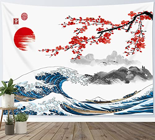 LB Wandteppich Japanisch Wandtuch Große Welle Wandbehang Rote Kirschblüte und Berg Tapisserie für Wohnzimmer Schlafzimmer Wohnheim Wanddeko,235x180cm